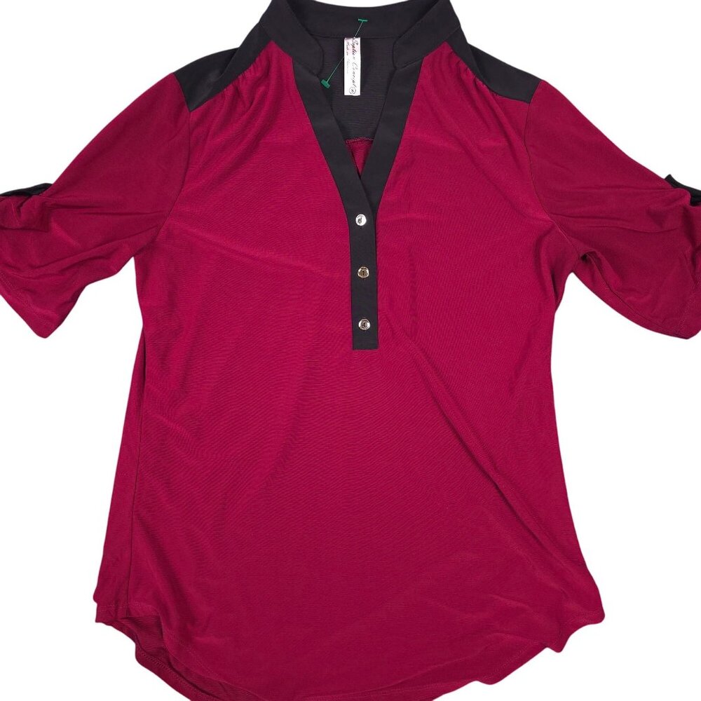 PerSeption Concept Womens Red & Black 3/4 Sleeves Tunic V neck lightweight SZ S